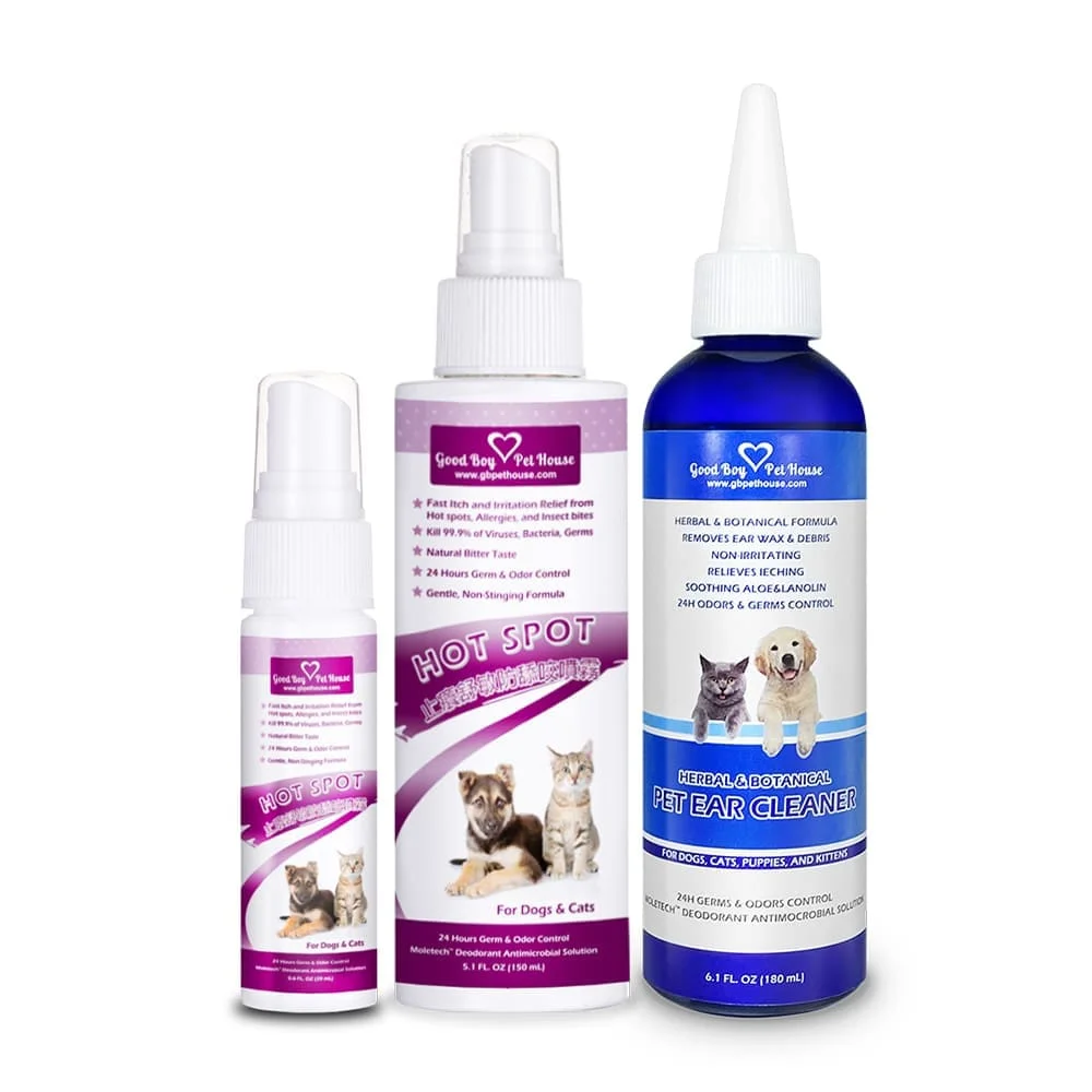 這組寵物皮膚修護組合採用天然草本配方，溫和不刺激。它可有效調理受損肌膚，減輕搔癢、泛紅等皮膚敏感。