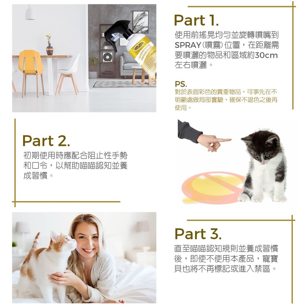 使用方式：使用前搖晃均勻，距離約 30 公分噴灑；初期配合阻止性手勢和口令