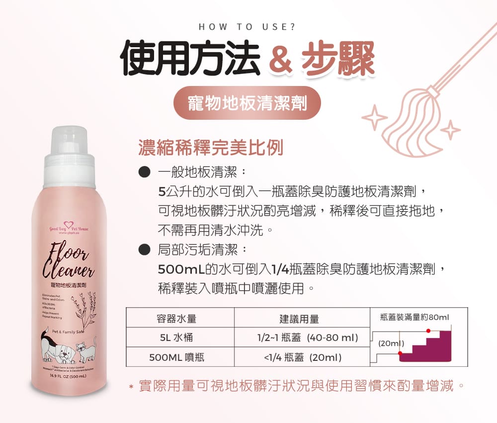 使用方法與步驟 寵物地板清潔劑